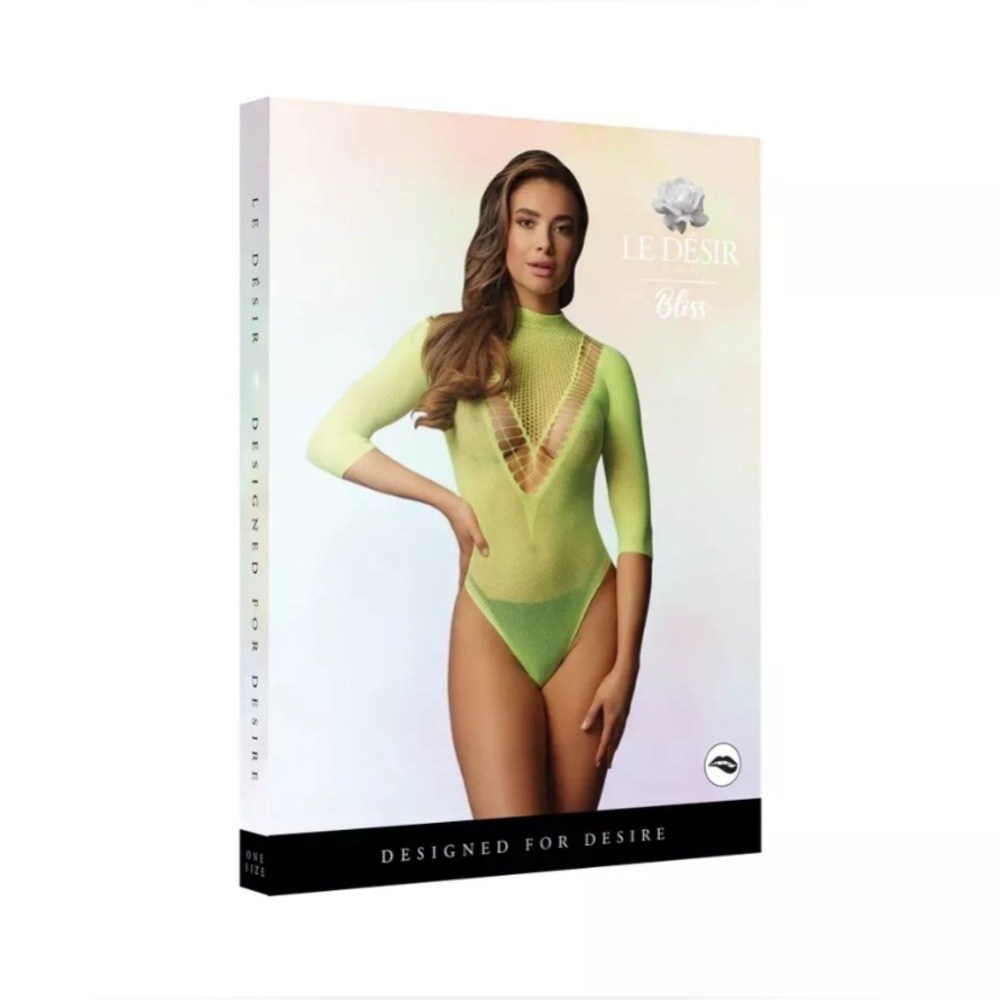 🦋B2G1🦋LE DÉSIR Bliss Short Sleeve Neon Green Fishnet Teddy | ONE SIZE | - Picture 3 of 8